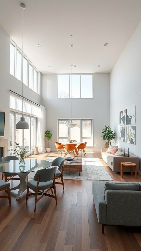 Open concept living and dining area with large windows and modern furniture.