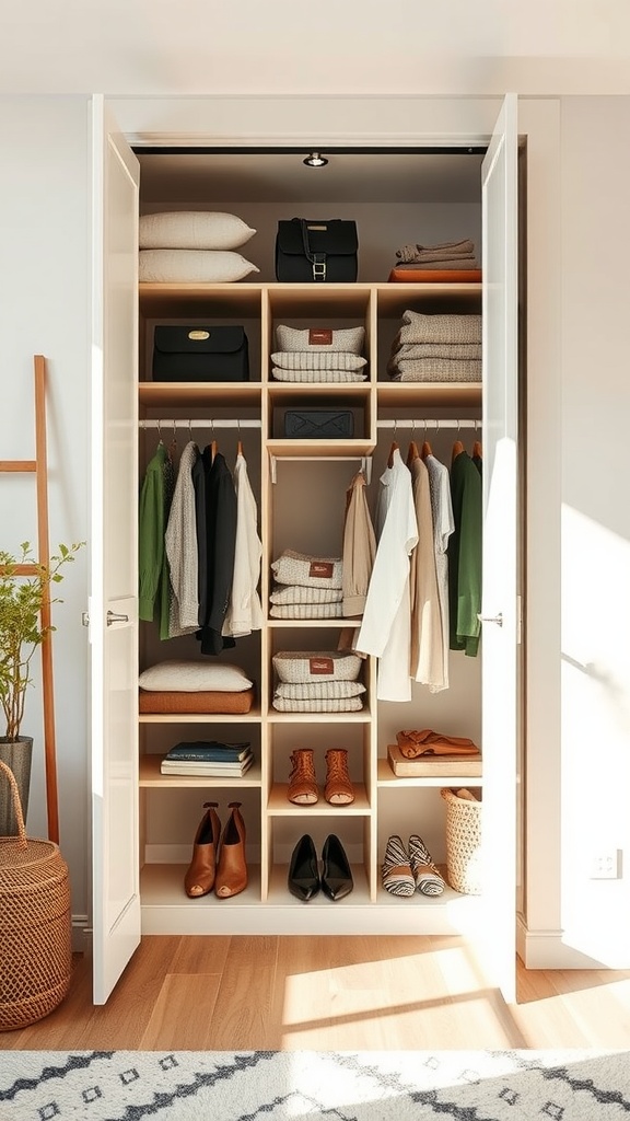 Open concept shelving in a modern closet displaying clothes, shoes, and accessories.