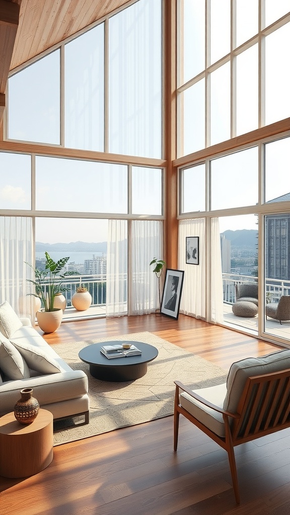 A spacious and bright Japandi living room with large windows, wooden accents, and modern furniture.