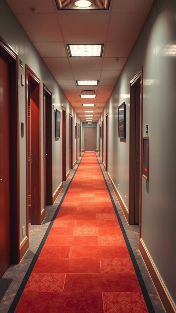 A vibrant red carpeted hallway with wooden doors and simple lighting.