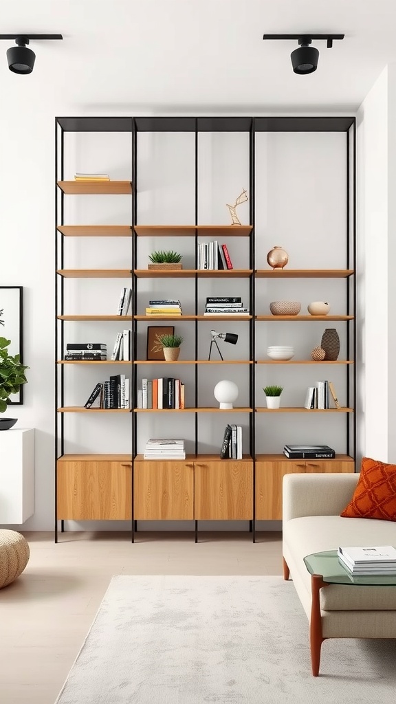 Stylish shelving unit dividing a living space with decor and storage.