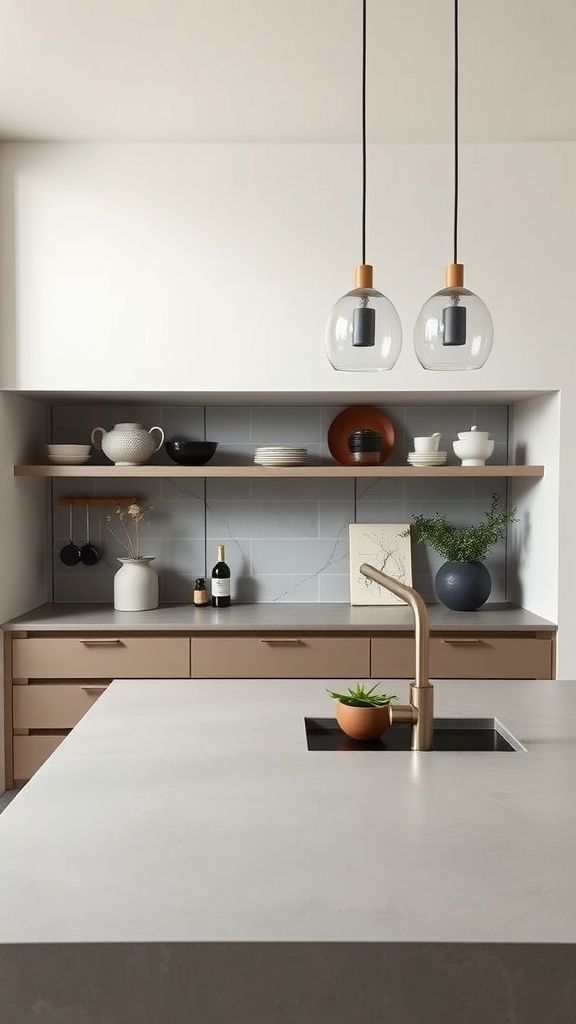 A modern kitchen featuring sleek concrete countertops with minimalistic decor.