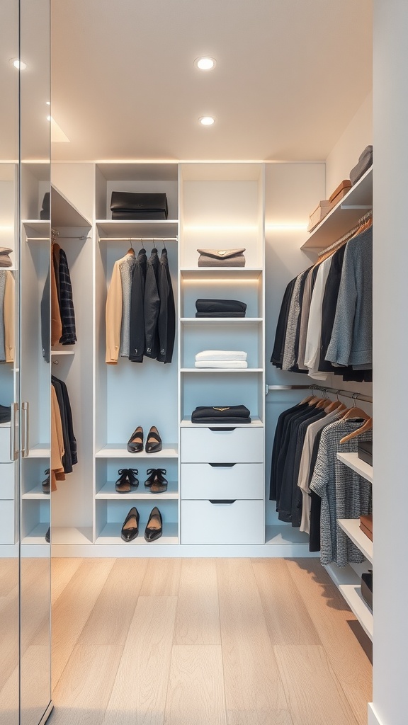 A modern, minimalist wardrobe with organized clothing and shoes, featuring clean lines and neutral colors.