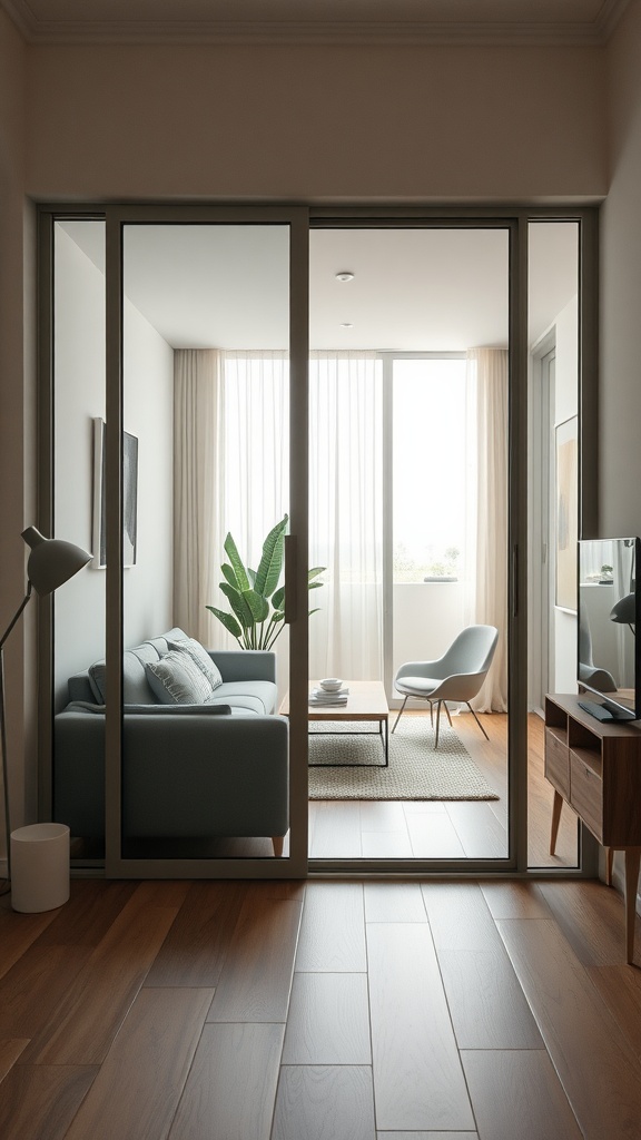 A modern apartment interior featuring sliding doors, a cozy couch, and a stylish chair.