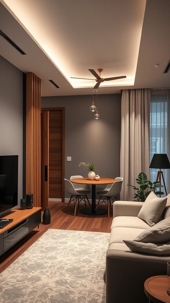 Cozy modern apartment interior with smart technology features.