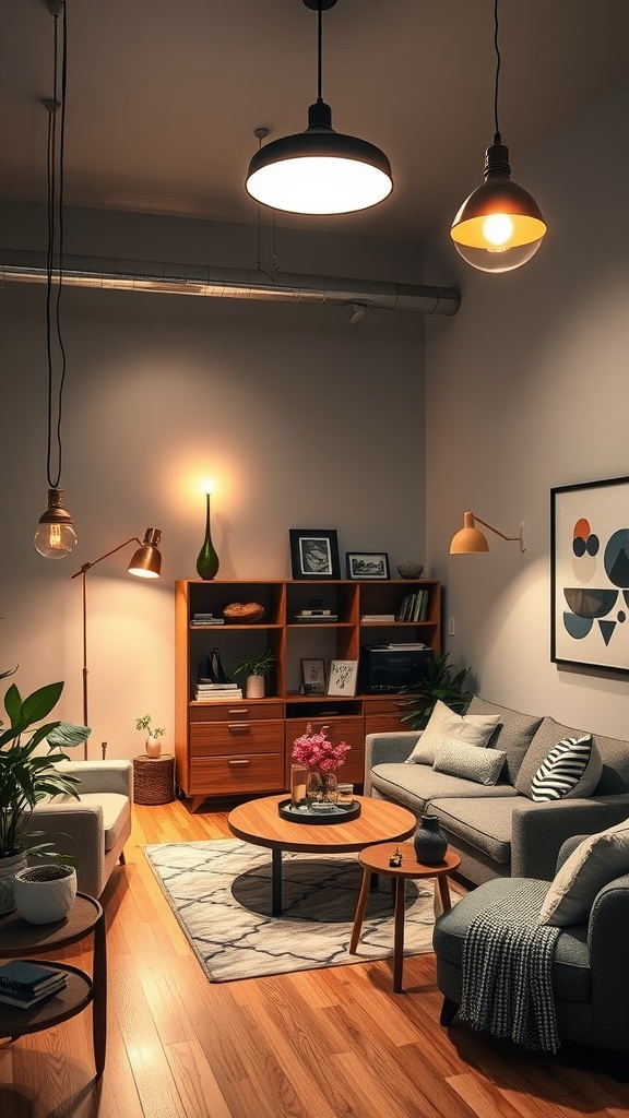 A cozy living room with various lighting options, including hanging lamps and floor lamps.