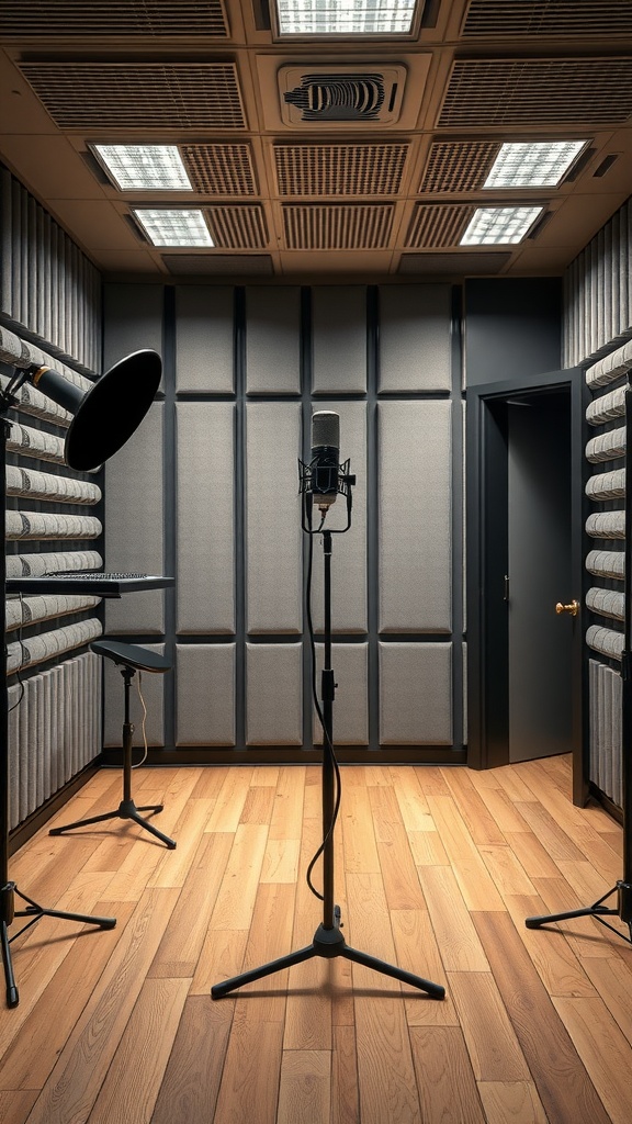 A well-designed soundproof podcast studio with sound panels and microphone setup.