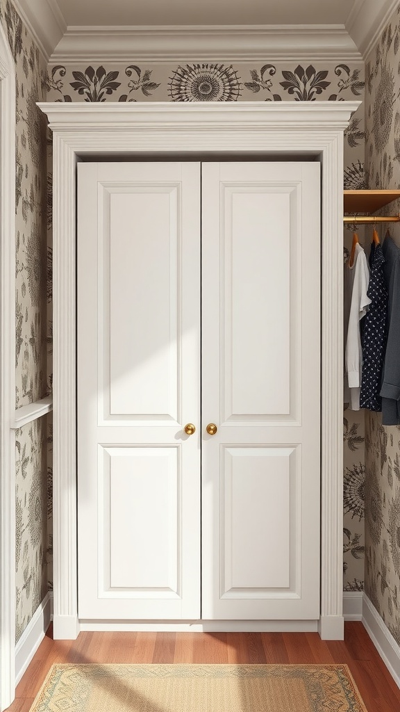 A modern closet with an accent wall featuring floral patterns.