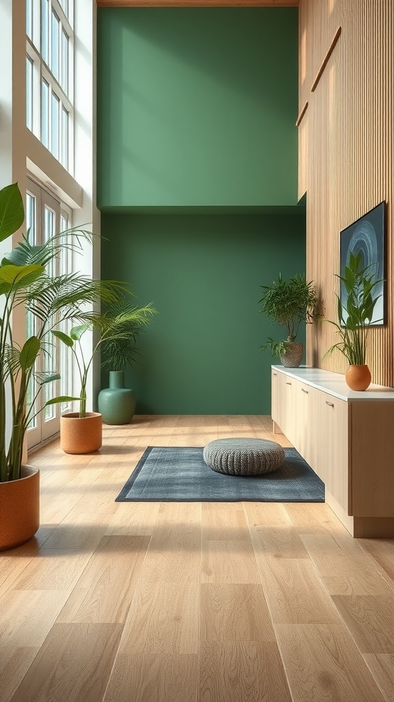 A bright interior space with wood flooring, green walls, and potted plants.