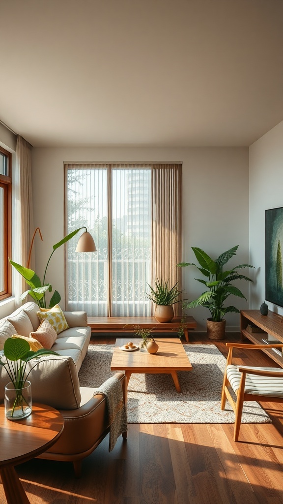 A cozy Japandi living room featuring natural wood furniture, plants, and warm lighting.