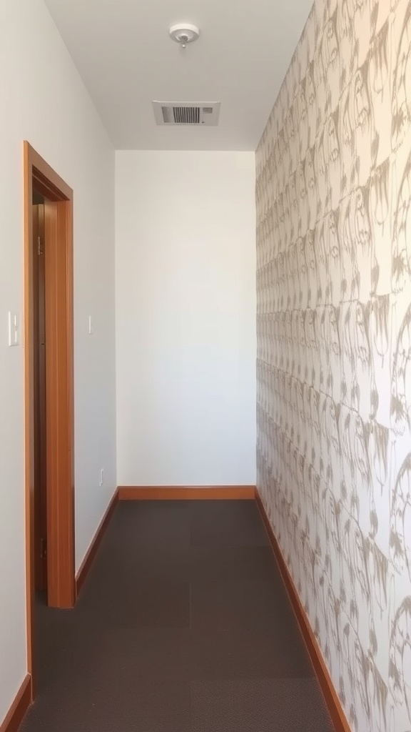 A hallway featuring a textured wallpaper design on one wall with a contrasting plain wall and door.