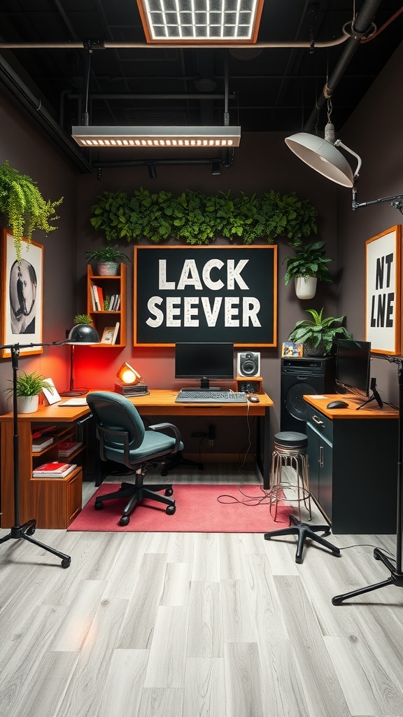 A themed podcast studio with plants, bright colors, and a stylish desk.