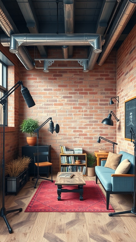 A cozy podcast studio with exposed brick walls, warm lighting, and minimalist furniture.