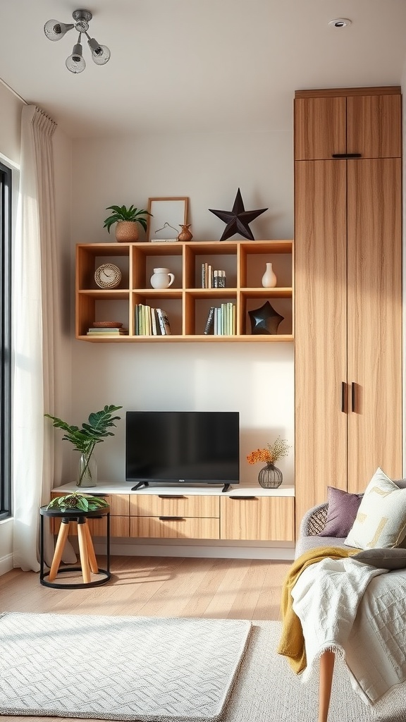 A cozy living room with vertical storage solutions, featuring wooden shelves, a TV stand, and decorative elements.