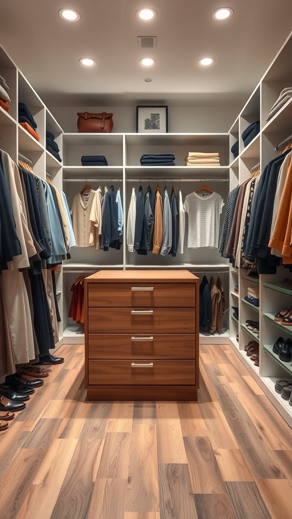 A walk-in closet featuring an island with storage drawers, surrounded by neatly arranged clothing and shoes.