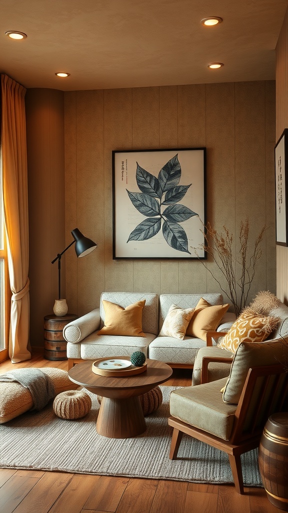 A cozy Japandi living room featuring warm earth tones with comfortable furniture and decorative elements.