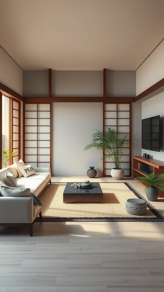 A serene Japandi living room featuring a neutral palette, natural materials, and plants.