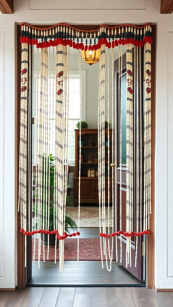 A handmade beaded curtain hanging in a doorway, featuring colorful beads and intricate patterns.