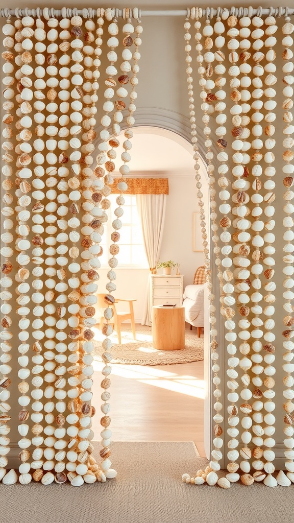 Beaded curtains with shells and pearls hanging in a doorway, creating a beachy atmosphere.