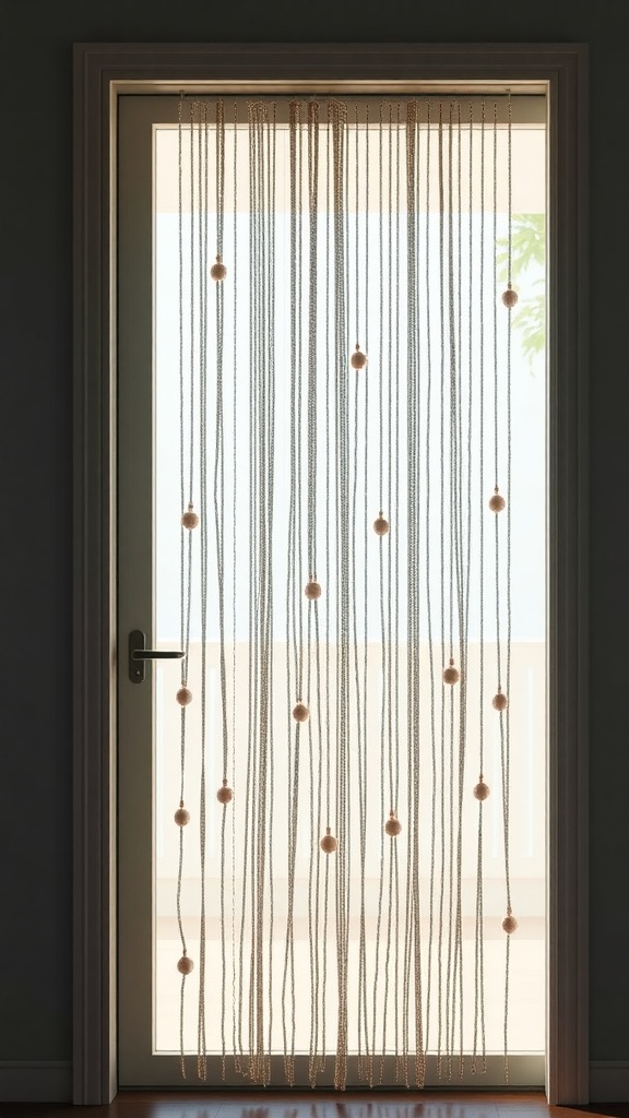 A minimalist beaded curtain with vertical strands and round beads, hanging in a doorway, allowing light to pass through.