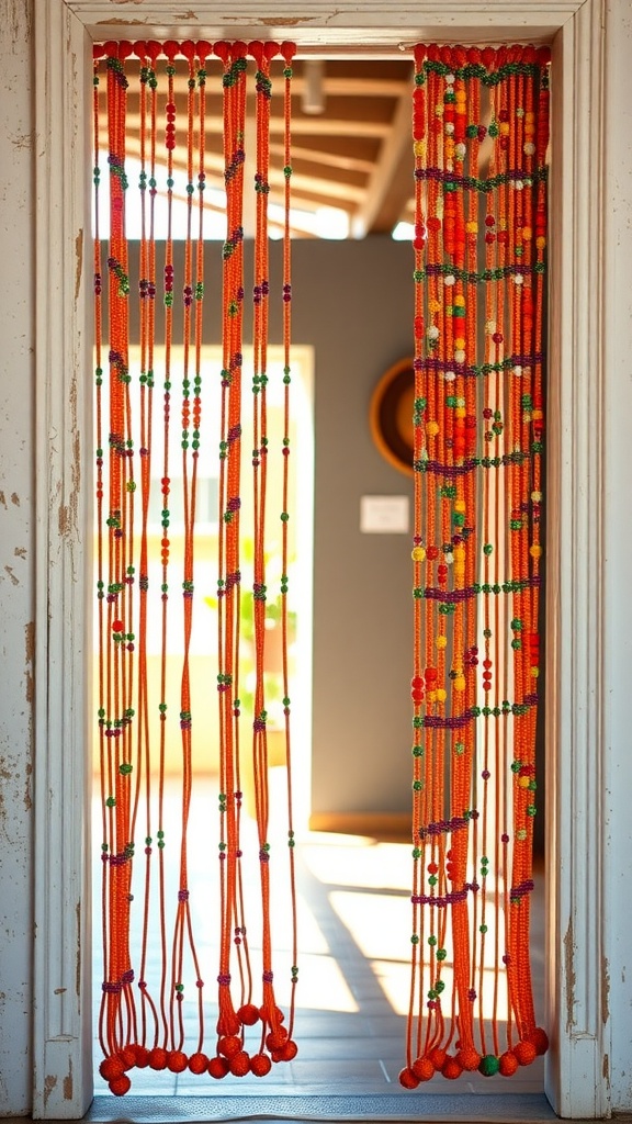 Colorful beaded curtain in a doorway with vibrant orange, green, purple, and red beads