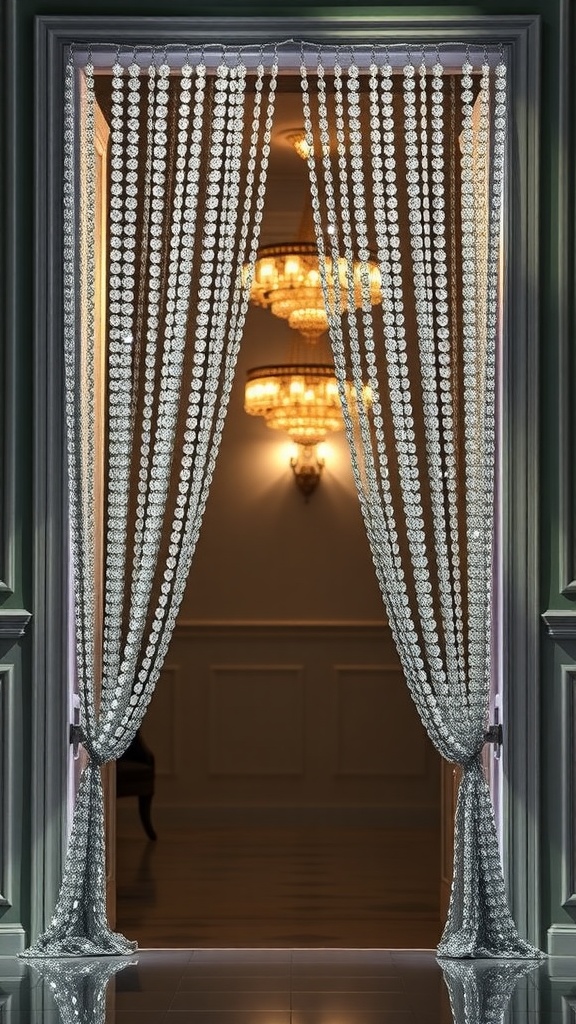 Beaded curtain with crystal accents hanging in a doorway, showcasing elegant design and light reflections.