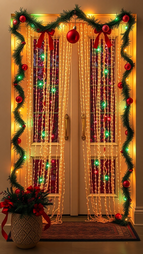 A festive doorway decorated with beaded curtains, lights, and holiday ornaments.