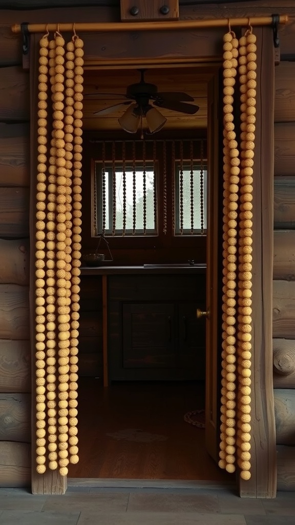 A wooden doorway with natural wood beaded curtains hanging from the top, creating a cozy entrance.