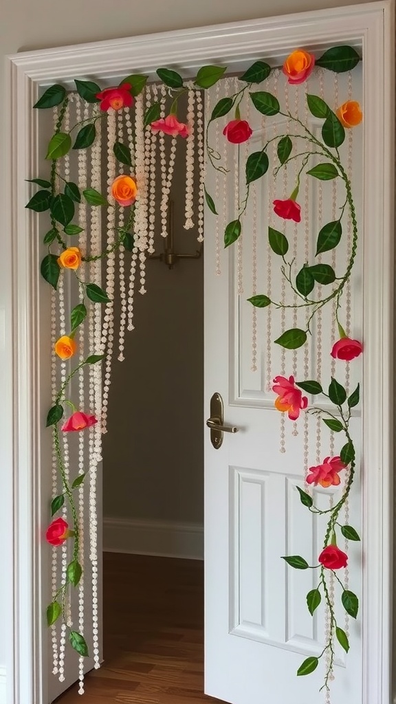 Beaded curtain with flowers and leaves hanging in a doorway