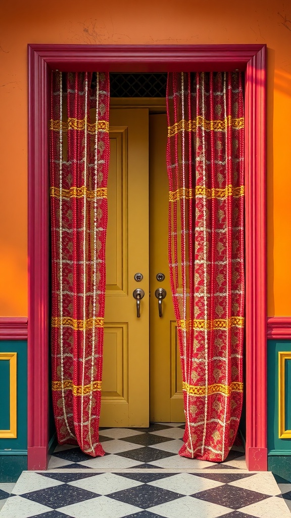 A doorway adorned with red and gold beaded curtains, leading to a yellow door, framed by a pink border and colorful walls.